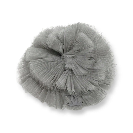 Chanel Light Gray Pleated Silk Chiffon Camellia Brooch