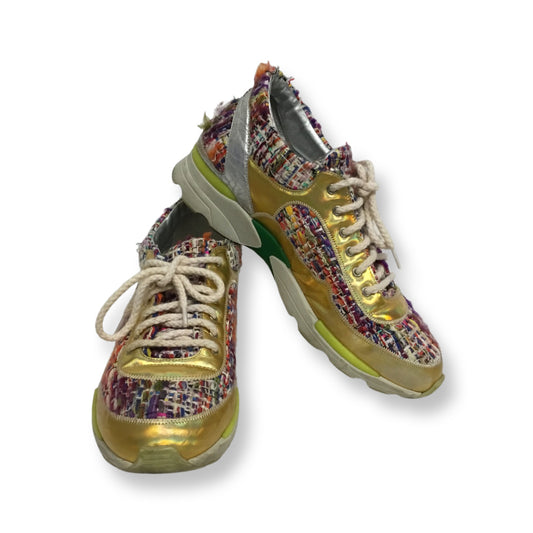 Chanel Silver Gold Leather Multicolor Tweed Sneakers