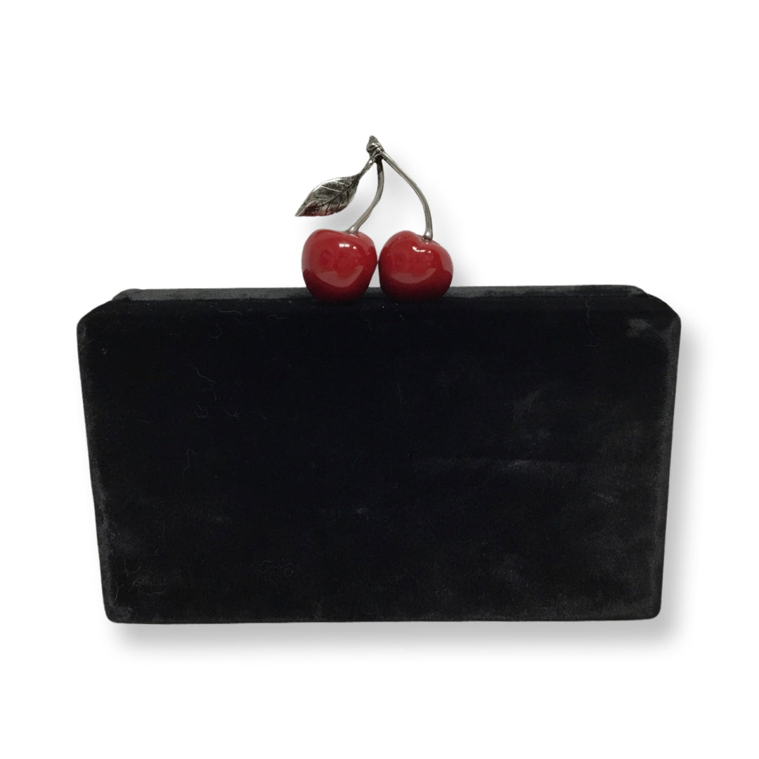 Edie Parker Black Velvet with Red Cherries Box Clutch