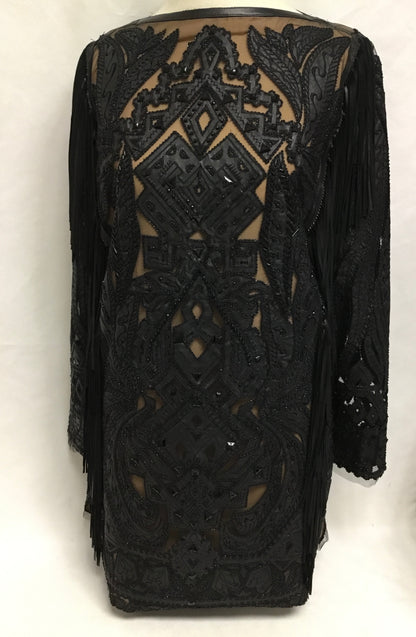 Emilio Pucci Black Embroidered Leather with Fringe Dress