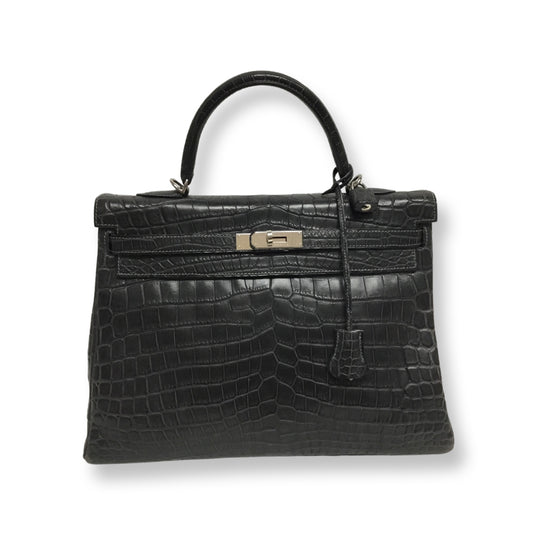 Hermes Dark Gray Crocodile Kelly 35 Top Handle Bag